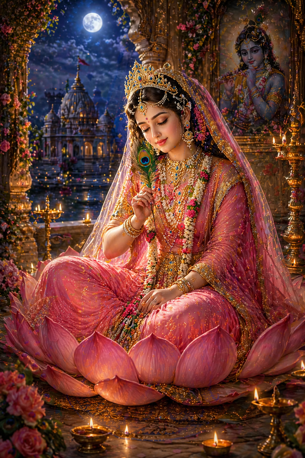 Radha Rani in meditation holding Krishna peacock feather on lotus seat with moonlight and temple lamps — HD wallpaper